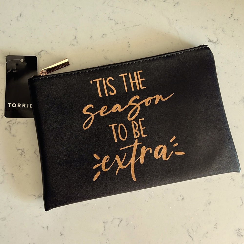Torrid ‘Tis The Season TO BE Extra’ Black & Rose Gold Poach Rose Gold Zipper - Picture 1 of 8
